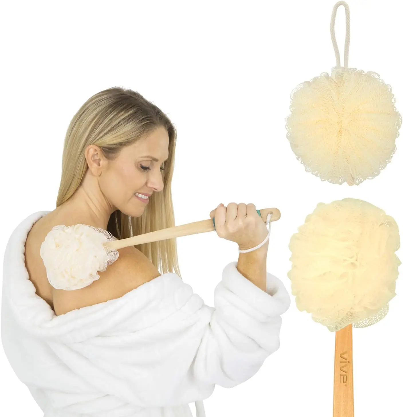 

17" Long Handle Shower Loofah with Exfoliating Brush - Back Scrubber for Men and Women, Includes Extra Sponge and Hanging Hook