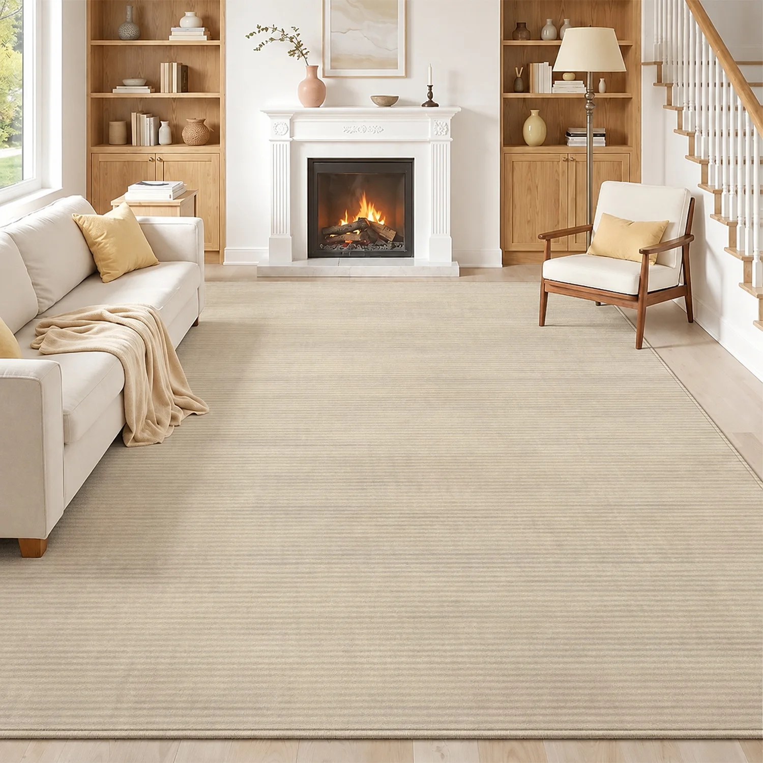 Large Indoor Area Rug, Soft Velvet Low Pile Rug with Non-Slip Dotted Backing, Machine Washable Neutral Beige Vertical Stripe Floor Rug for Living Room, Bedroom, Entryway