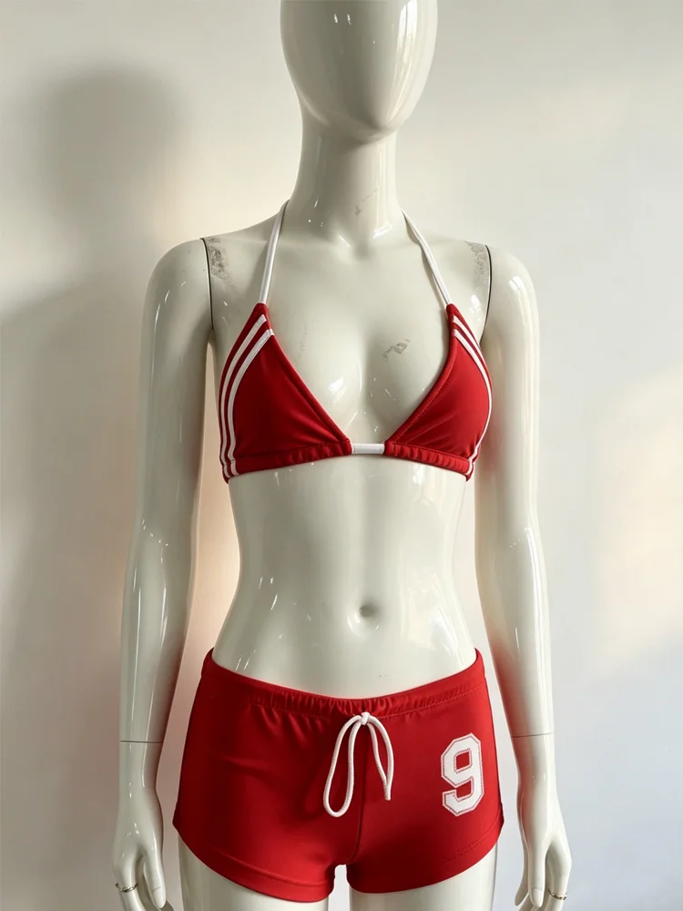 

Y2K Red Halter Bikini Set Women Retro 90 Print 2-Piece Swimsuit Summer Beachwear with Striped Shorts