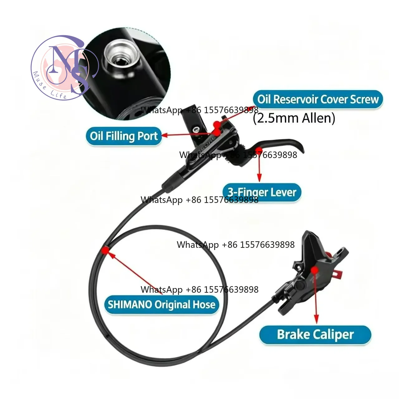 ZOCI-FOR Single Side Hydraulic Disc Brake Set, 2-Piston Caliper & Brake Lever, Mountain Bike Replacement Brake Parts