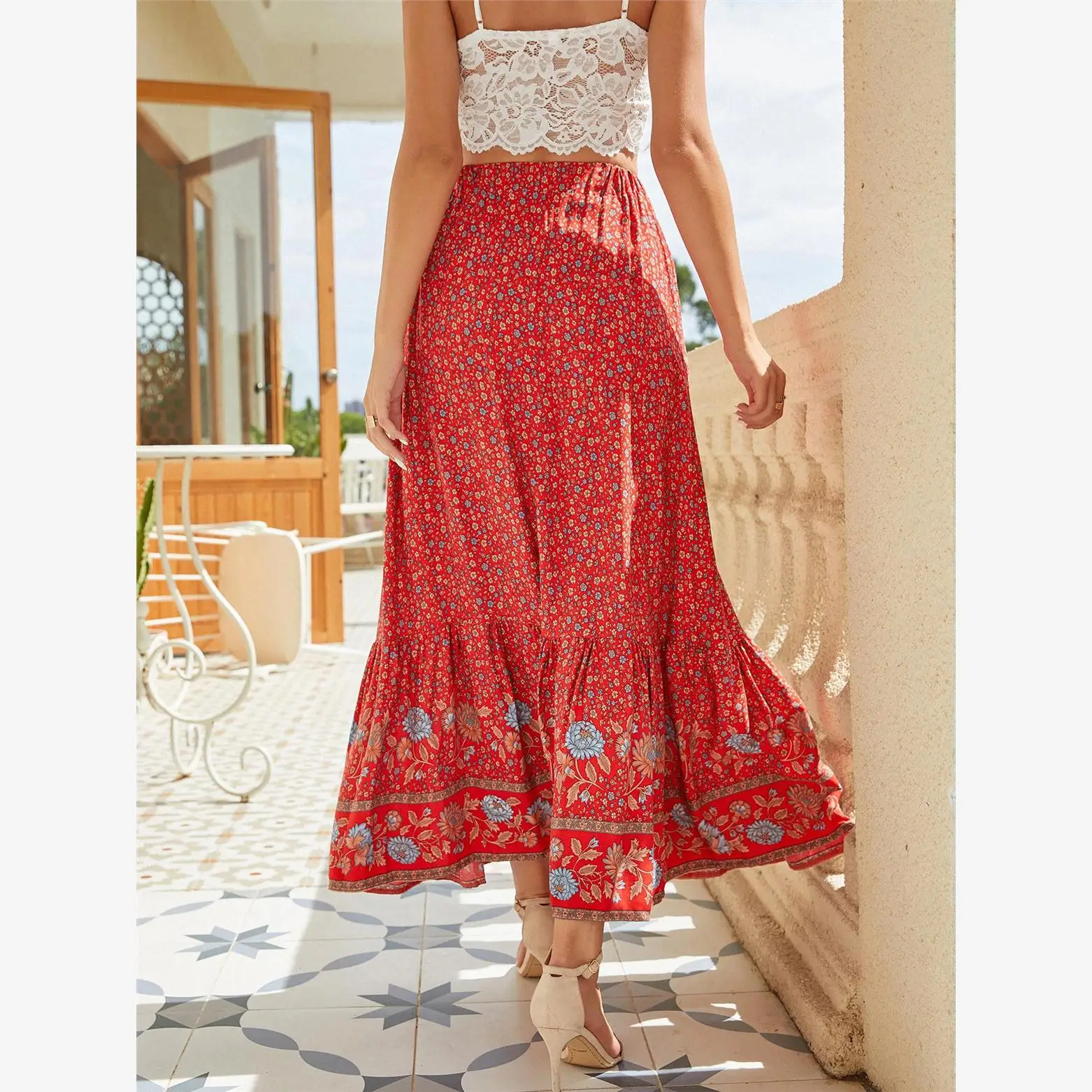 Bohemian Sweet Floral Print Asymmetrical Hem Cotton Silk Half Skirt Long Skirt Beach Vacation Single Button Pleated Midi Skirt