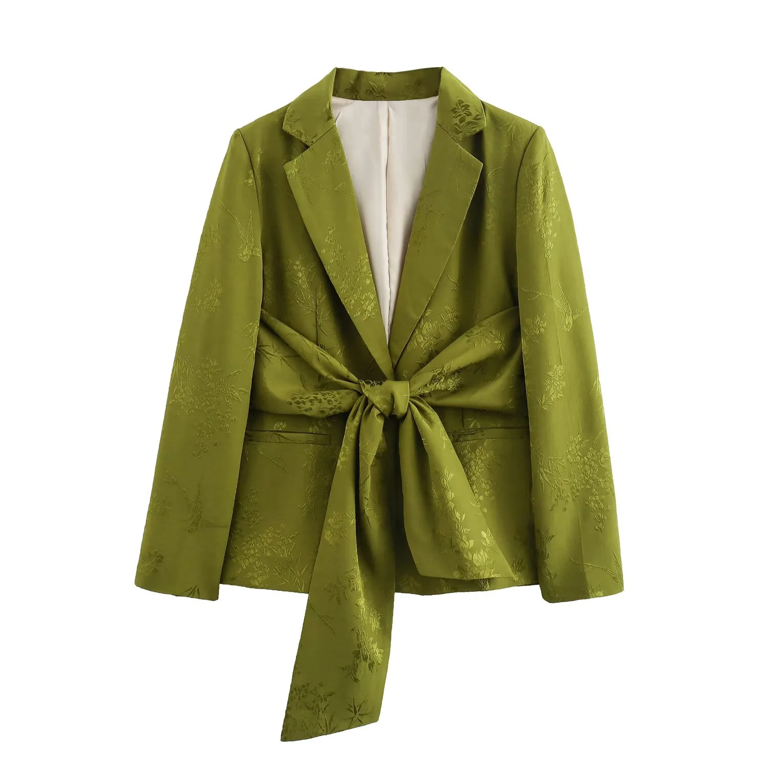 Tangada 2024 Women Green Jaquard Blazer Coat With Slash Long Sleeve Pockets Female Suit QD095