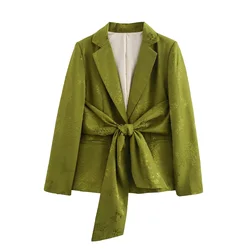 Tangada 2024 Women Green Jaquard Blazer Coat With Slash Long Sleeve Pockets Female Suit QD095