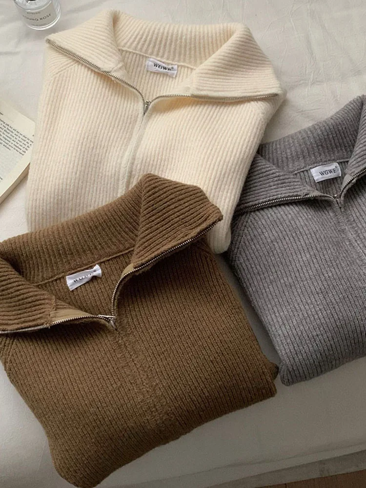 Women Basic Cardigan Solid Sweater Turn-Down Collar Autumn Long Sleeve Zipper Design Knitted Pullover Soft Fashion High Street