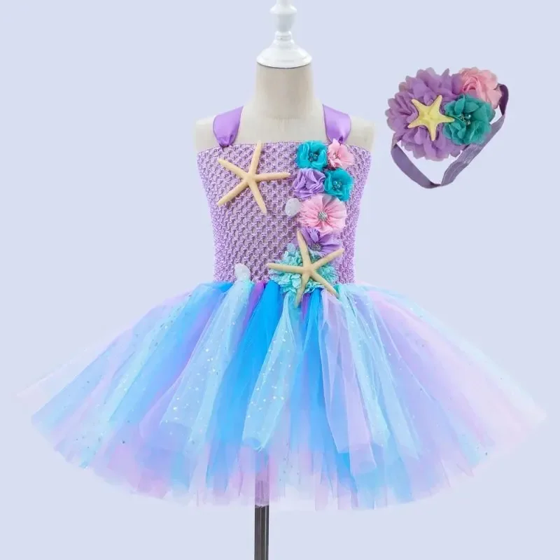 Girls Pastel Ariel Mermaid Tutu Dress The Sea Theme Party Costume with Flower Headband Ocean Flower Purple Birthday Dress