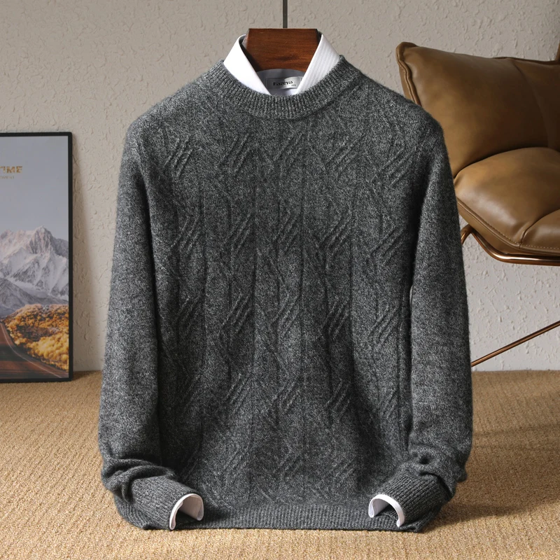 New Joker 100% pure wool men's O-neck thick knitted sweater autumn and winter business casual wool bottoming shirt