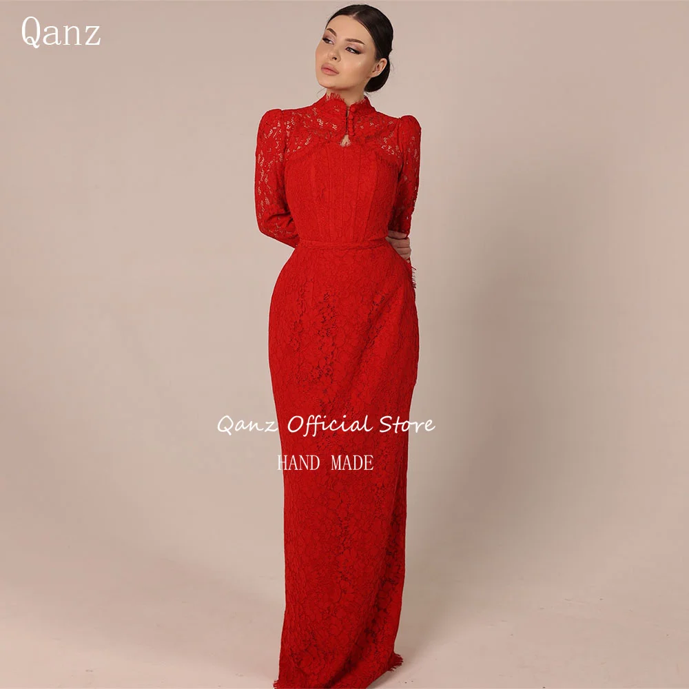 

Qanz Elegant Red Lace Evening Dresses Women Mermaid Long Sleeves Robes De Soirée With Jacket Vestidos De Festa Luxo Customized