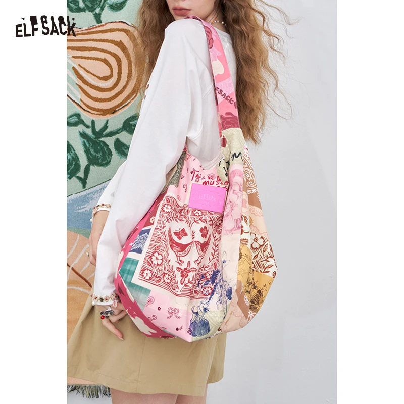 

ELFSACK 2025 NEW ARRIVALS Y2K Cartoon Patchwork All-Over Print Canvas Bag Large Capacity Stylish Shoulder Tote for woman