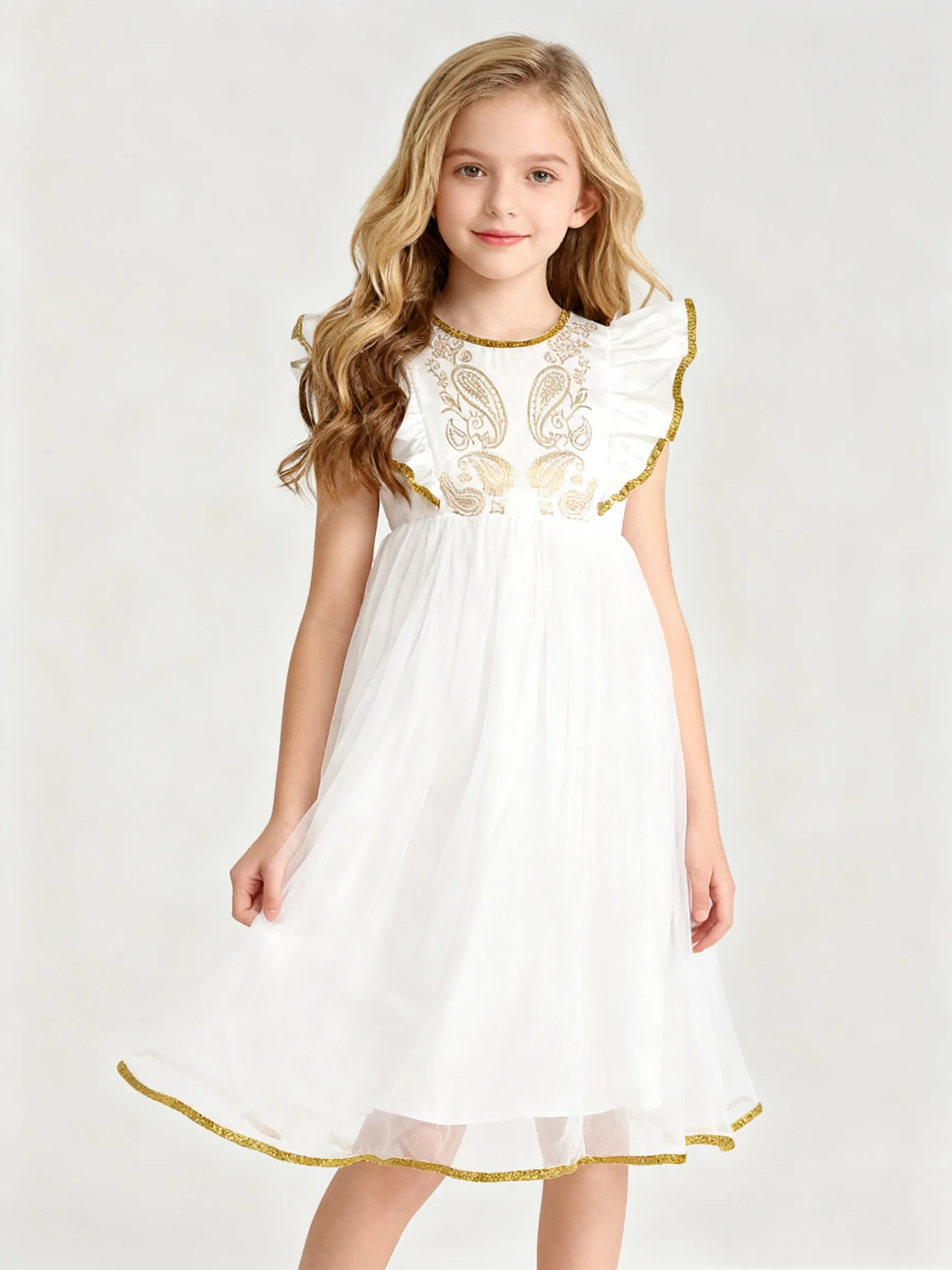 Sommerkleid für Mädchen mit Rundhalsausschnitt und fliegenden Ärmeln, bedruckt, sieht schlank aus, süßes und damenhaftes Kleid