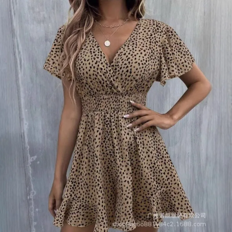 Spring and Summer New Hot-selling Sexy V-neck Lotus Leaf Sleeve Waist Dress Streetwear  Mini Dress  Birthday Dress for Women