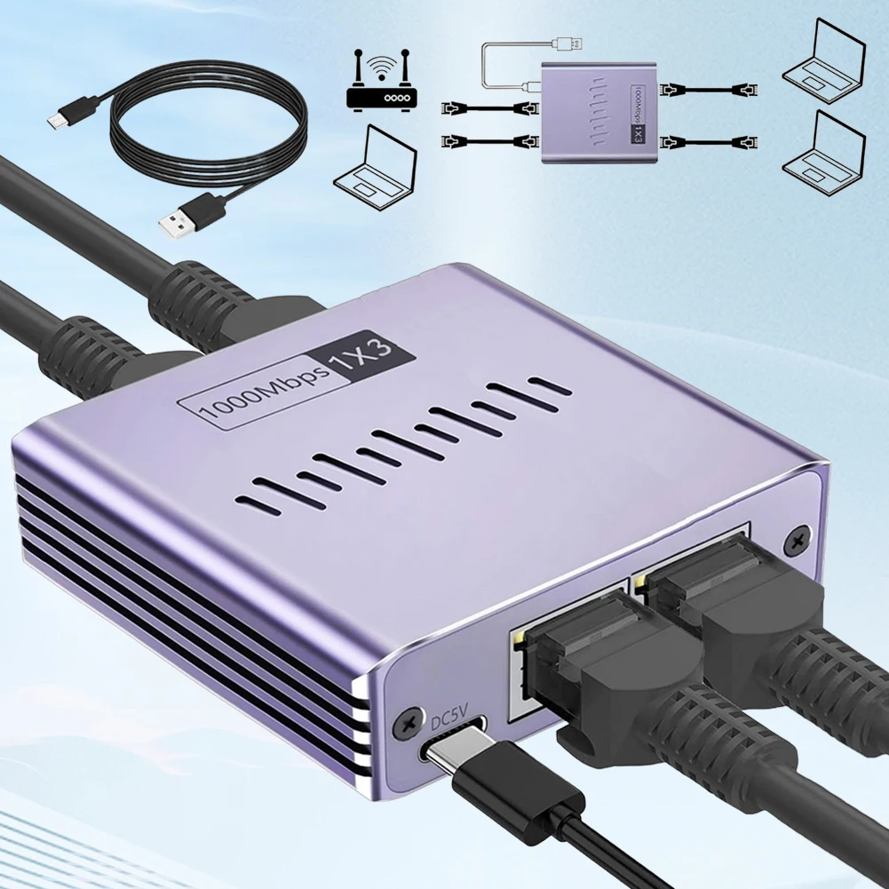 Hoge snelheid Gigabit Ethernet-splitter met RJ45-adapter en Type C-voedingskabel voor netwerkuitbreidingsopties Eén tot vier