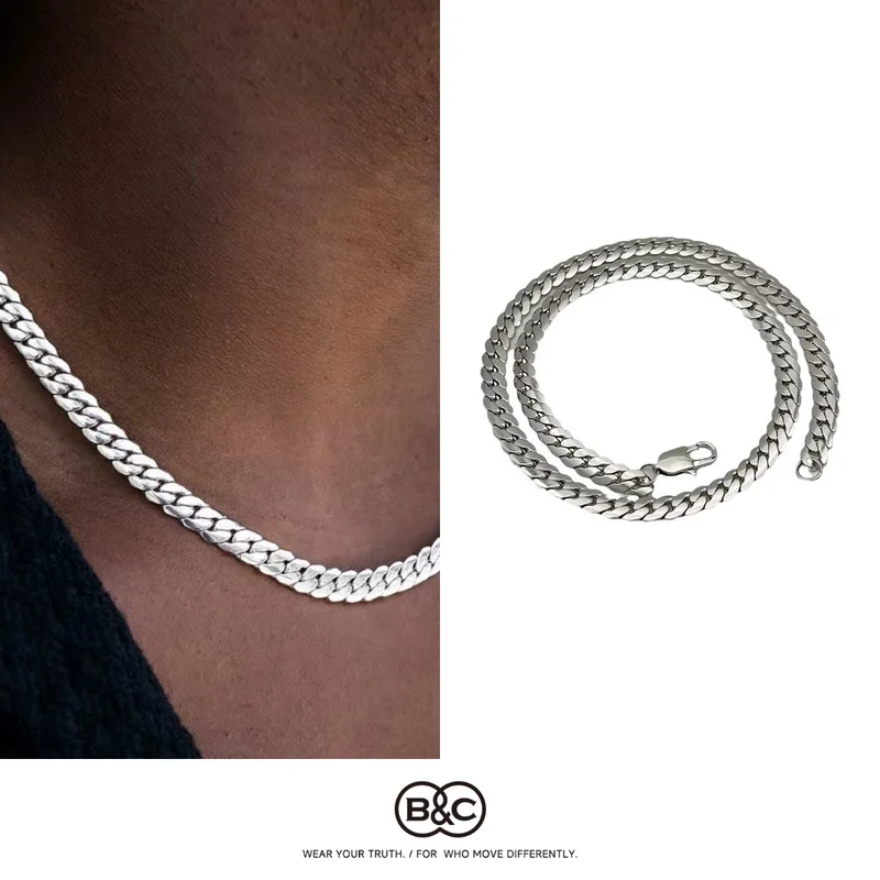 B&C Cuban Link Necklace for Men Hypoallergenic Titanium Steel Unisex Locket Chain Trendy Hip Hop Jewelry No Fade Minimalist