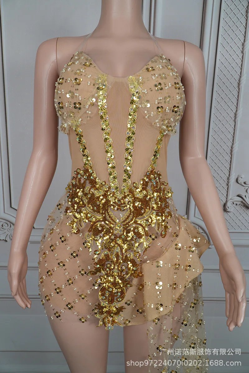 Luxe Gouden Diamant Mesh Trailing Temperament Korte Jurk Sexy Party Prestaties Kleding Vakantie Stijl Glanzende Jurk Sexy Jurken