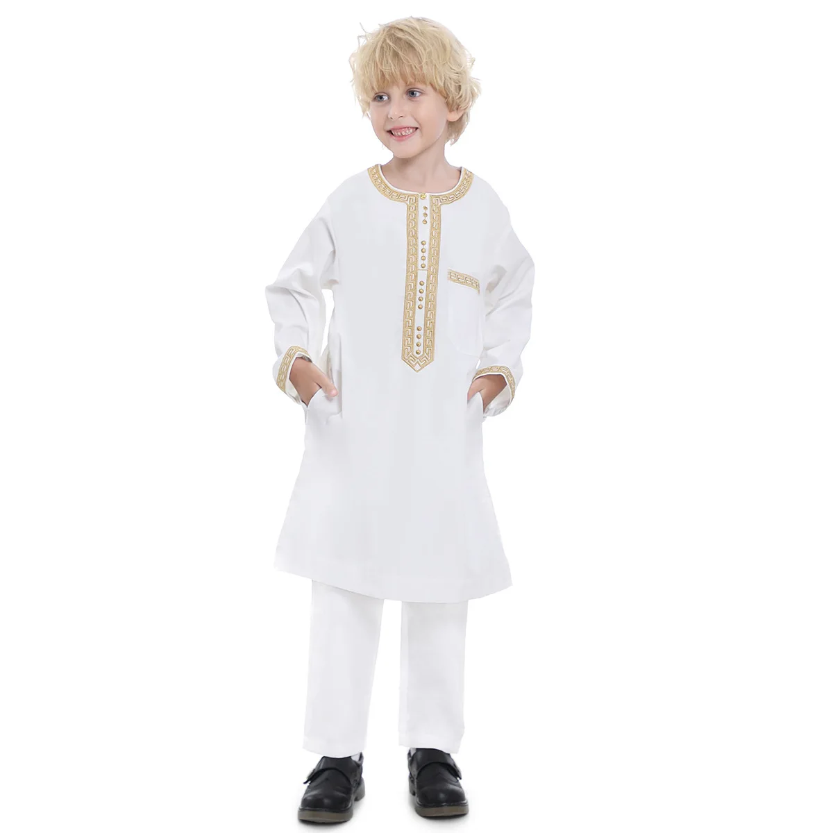 Thobe et pantalon pour garçons musulmans, col rond, brodé, bouton, manches longues, trempé, arabe, enfants, Ramadan Robe Caftan Set