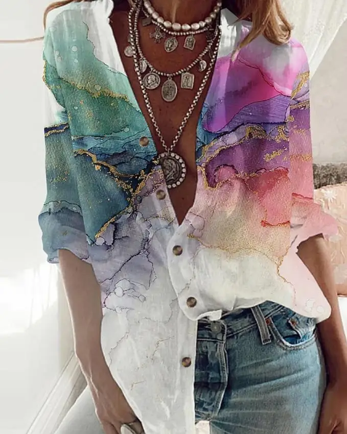 

Marble Print Buttoned Long Sleeve Shirt Fashion Woman Blouses Shirt 2023 Clothing T-Shirts Pullover Tops