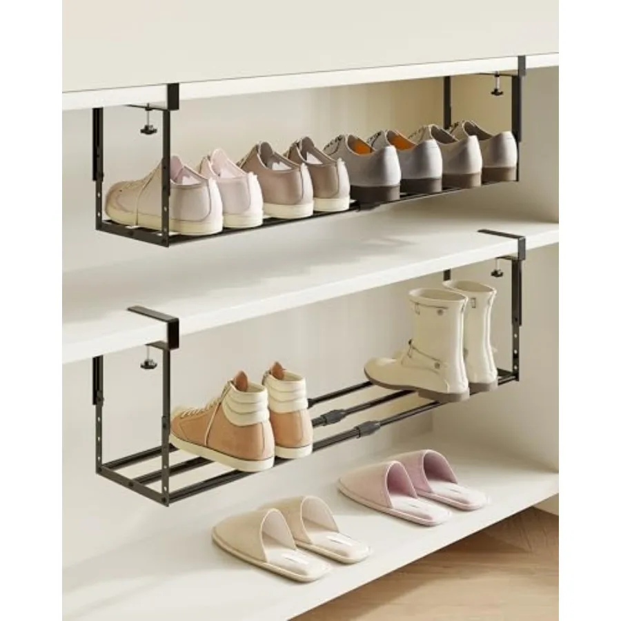 

Набор из 2 расширяемых органайзеров для обуви в шкаф, регулируемый, подвесной, для хранения под полкой, прочная конструкция из круглых труб, экономия места
