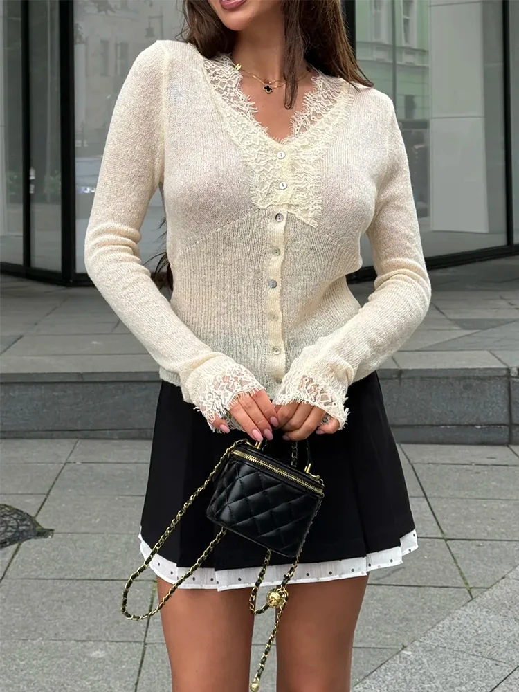 

Trendix V Neck Knit Lace Cardigan Women Fashion Patchwork Long Sleeve Short Top Party Casual Sexy See Through Knitwear Slim Tops