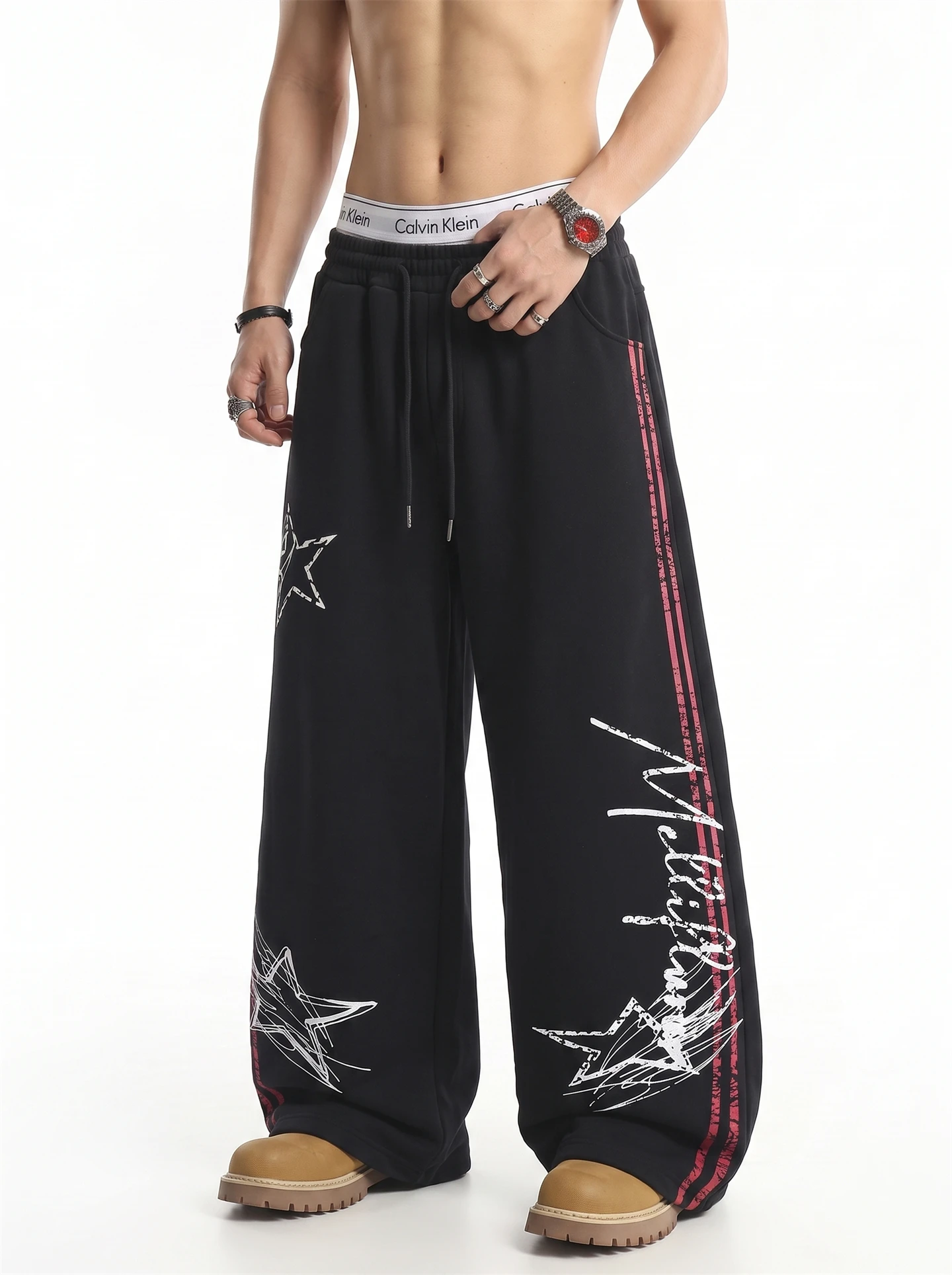 BETEBULE American High Street Stripe Print Casual Pants Men's Autumn New Color Block Loose Wide Leg Pants Breathable Skin-Fri...