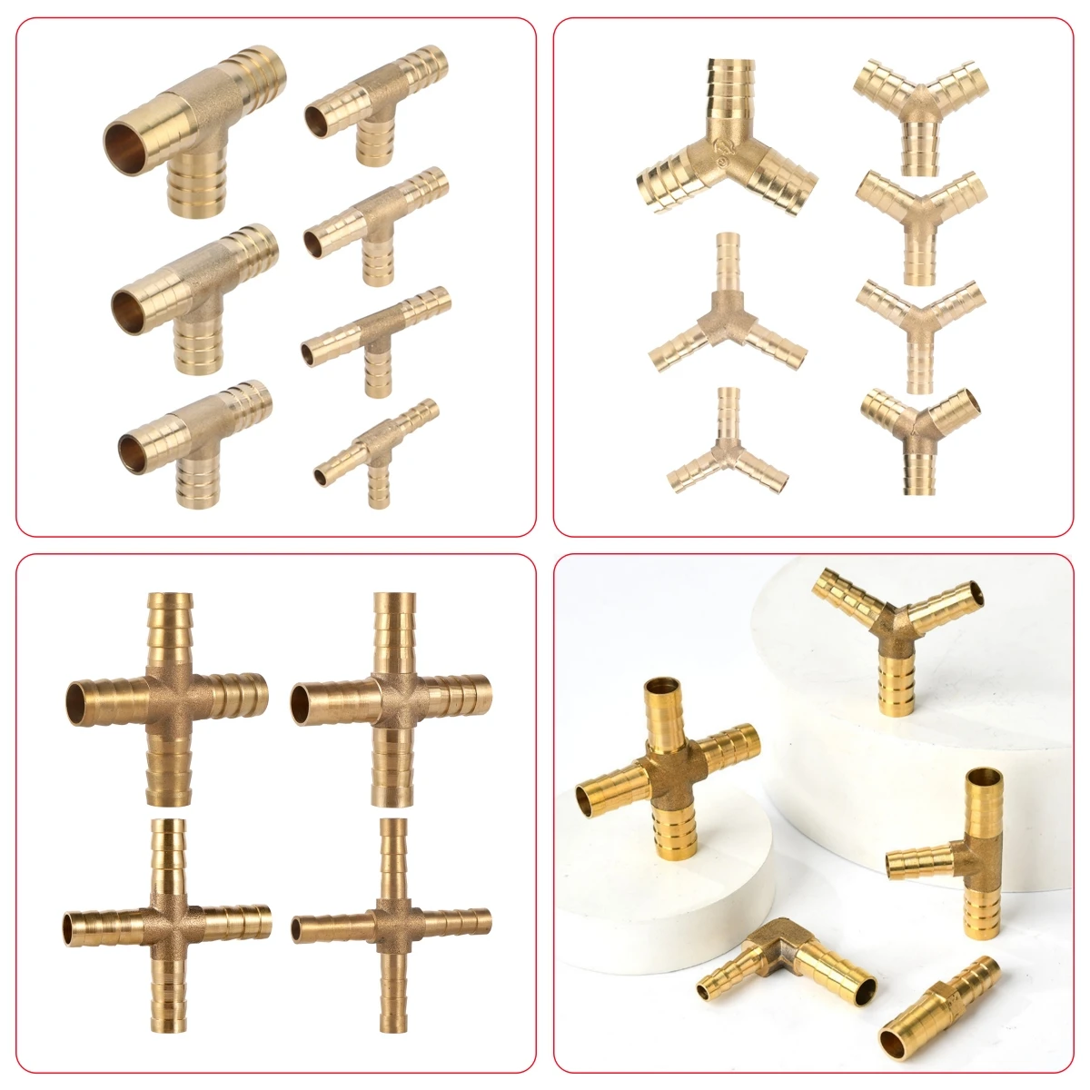 T-type Y-type 3-way Brass Pipe Fittings Connector X- type 4-way Barbed Adapter 6/8/10/12/14/16/19mm Fuel Gas Water Pipe Joint