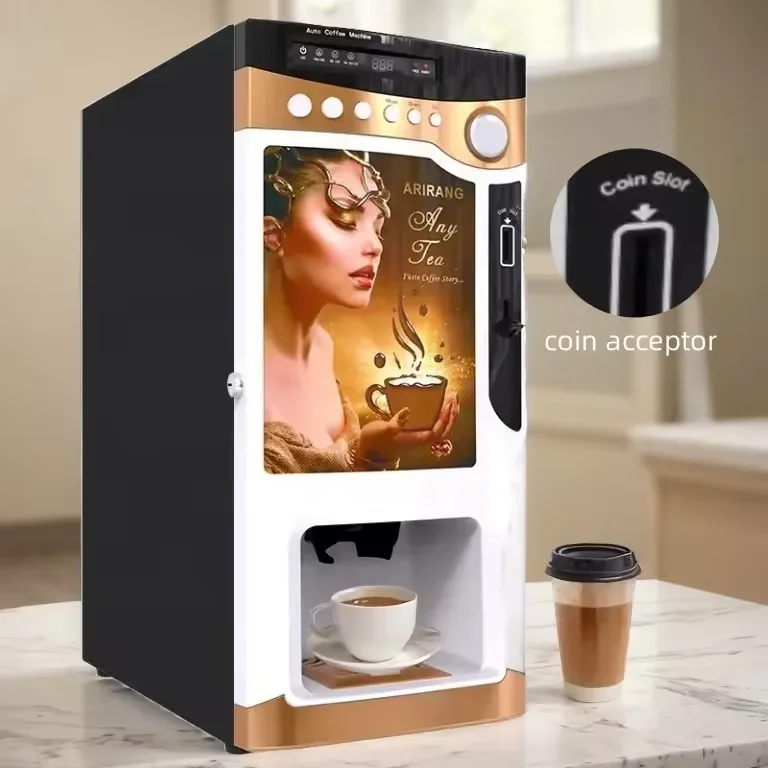 Máquina comercial inteligente de 3 sabores, cappuccino quente, latte, máquina de venda automática de café instantâneo com pagamento operado por moedas