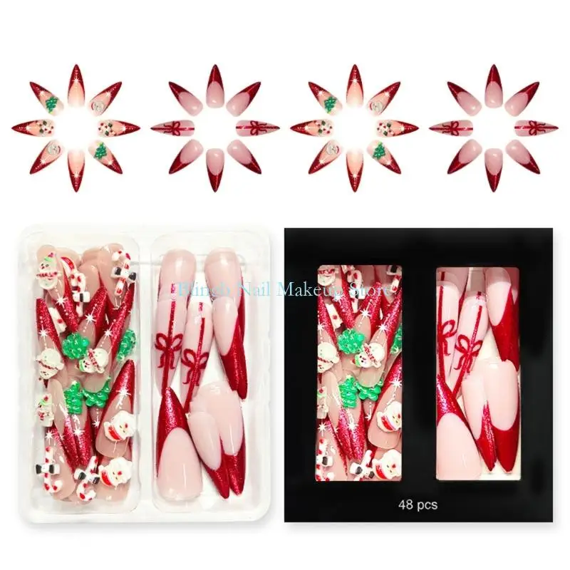 28TA 우아한 프랑스 팁 반짝이는 손톱에 프레스 48pcs 세트 긴 관 모양 눈사람 크리스마스 테마 인공 손톱 선물
