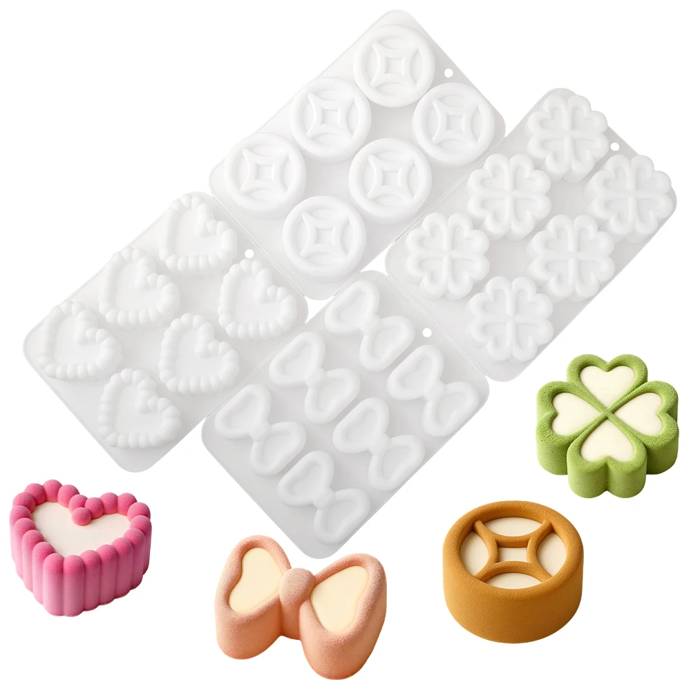 

Valentine's Day Heart-shaped Mousse Mold Chinese Copper Coins or Bow Tie Design Silicone Cake Mold Kitchen Dessert Tools