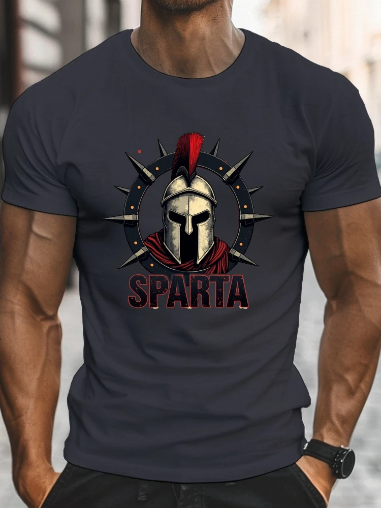 

SPARTA Battle-Worn Graphic with Spartan Helmet Design-100% cotton summer casual O-neck short-sleeved men's printed T-shirt.