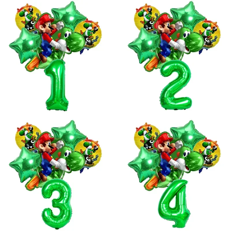 6PCS Super Mario Number Balloons Set Birthday Balloon Suit Party Decoration Game Stars Mushroom Ballon Ornament Accessories