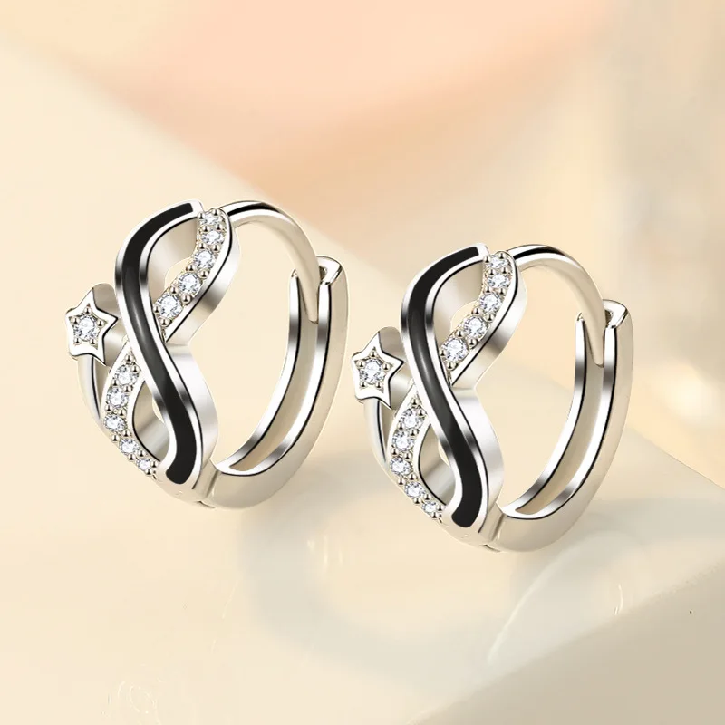 Trendy 925 Sterling Silver Ear Buckle For Women Black Arabic Numerals 8 Earrings Shiny Zircon Star Earring Party Jewelry KOFSAC