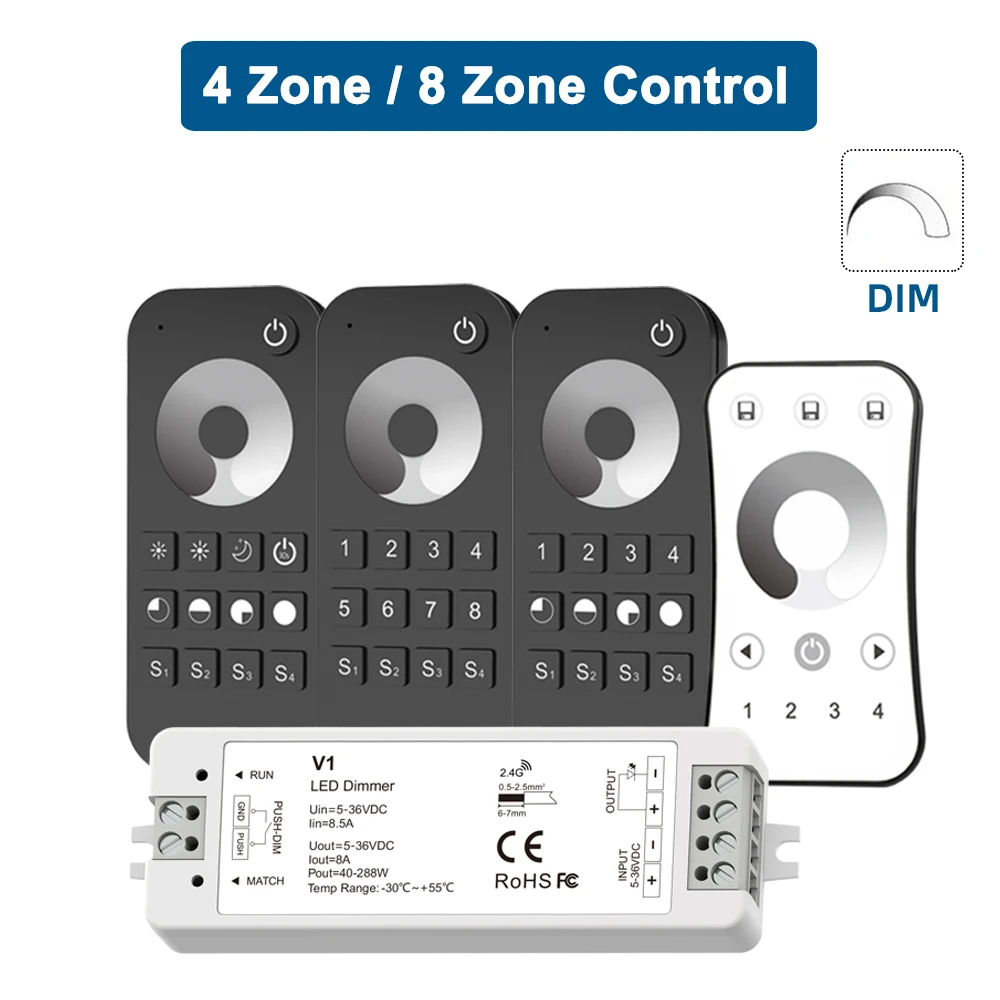 

LED Dimmer RF 12V 24V 36V 5V 1 to 8 Zone 2.4G Wireless Touch Remote Controller Dimmer Switch for Single Color LED Strip Light