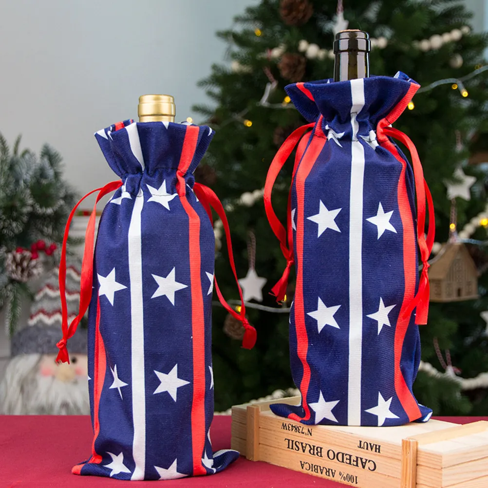 4Pcs United States Patriotic Wine Bottle Bag Covers Design Independence Day Party Decoration Wine Drawstring Bag