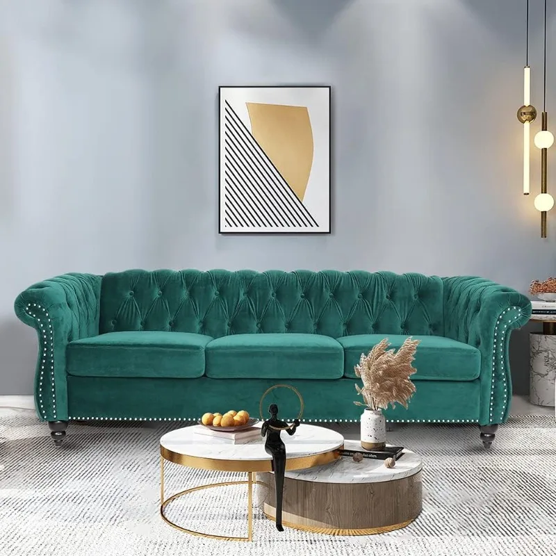 Sofa klasik berlapis kain, furnitur sofa 3 tempat duduk Modern dengan sisi belakang berumbai dan kaki transparan