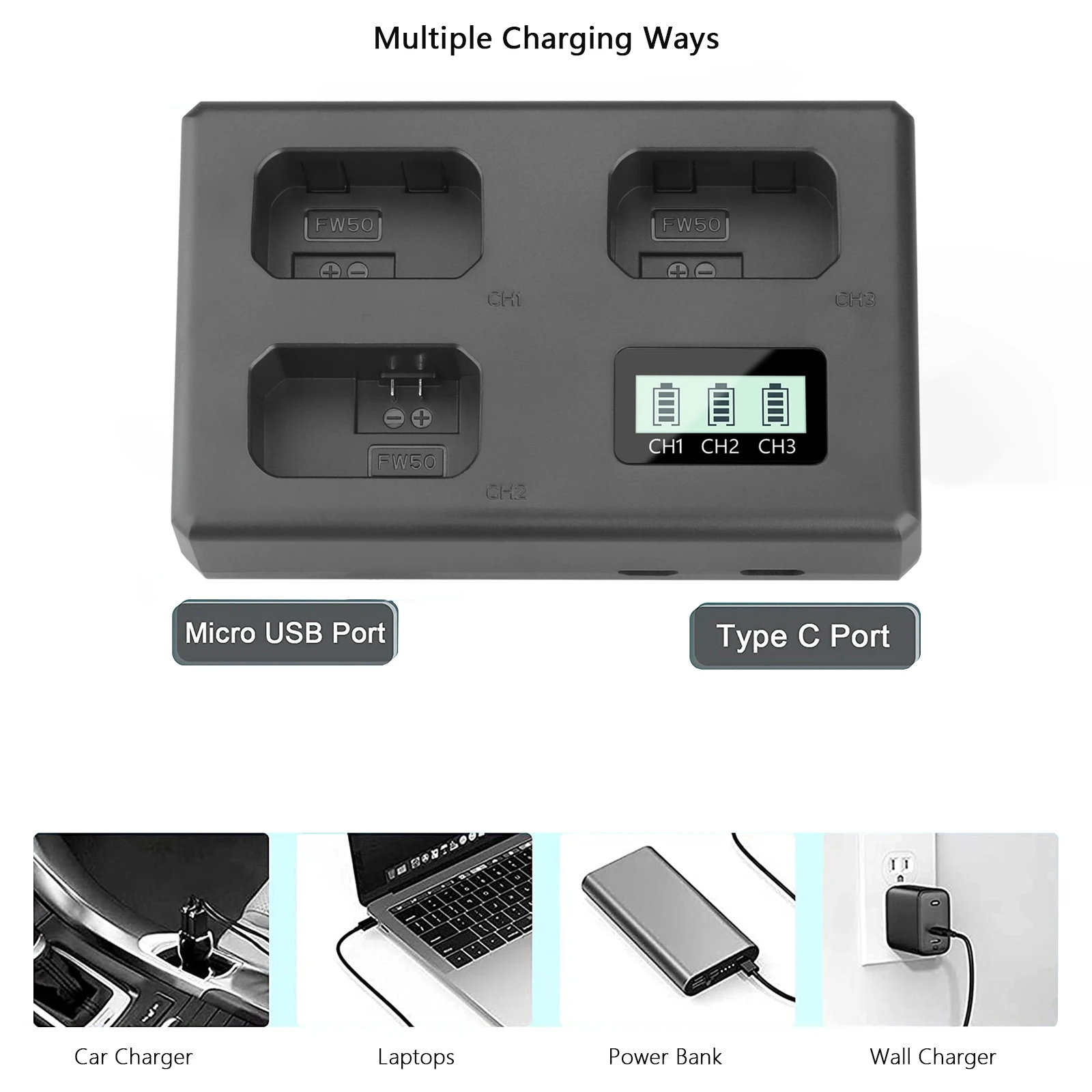 NP-FW50 NPFW50 Battery Charger 3 Slot Charger for Sony Alpha ZV-E10 A6400 A6500 A6300 A6000 A7 A7R A7RII A7II A7SII A7S A7RII