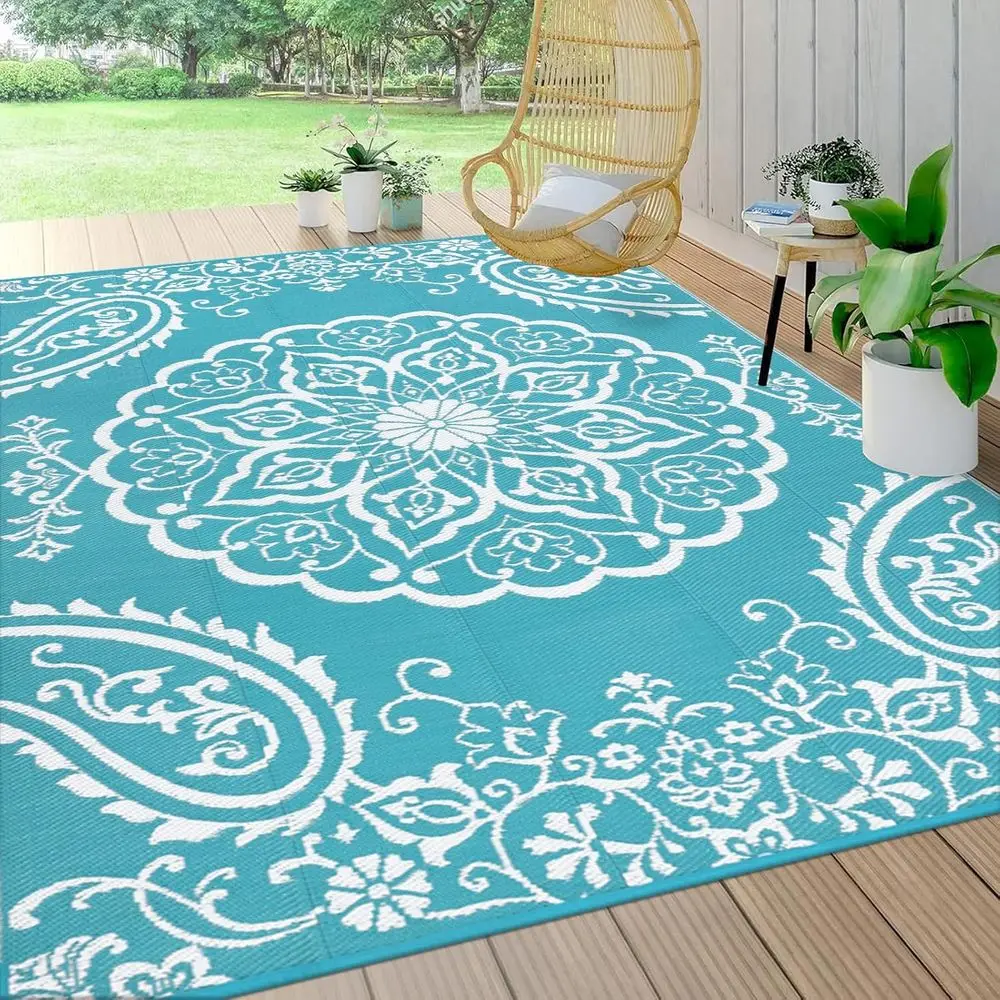 

Outdoor Reversible Plastic Rug 8x10, Suitable for Patio, Camping, RV, Deck, Porch, Balcony, Backyard, Picnic, Boho Teal