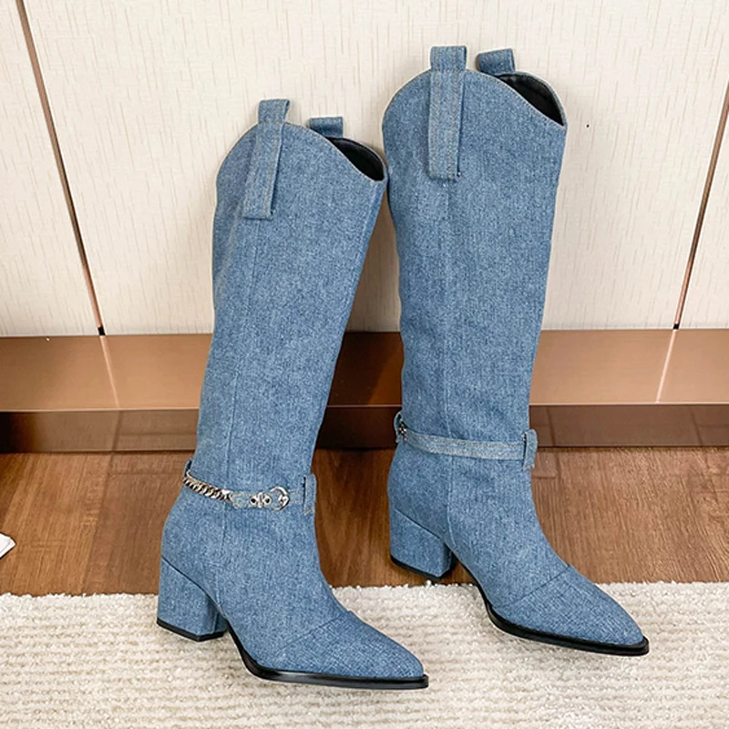 

fashion Blue denim Knee Boots Women cowboy Pointed toe med Chunky Heel Boots Woman washable jeans Knight Boots