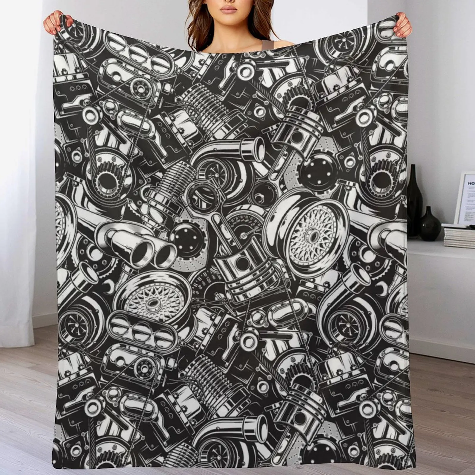 Automobile Spare Parts - Car Engine, Piston and Wheels - Petrol Head Auto Garage Art Throw Blanket Quilt Single Blankets