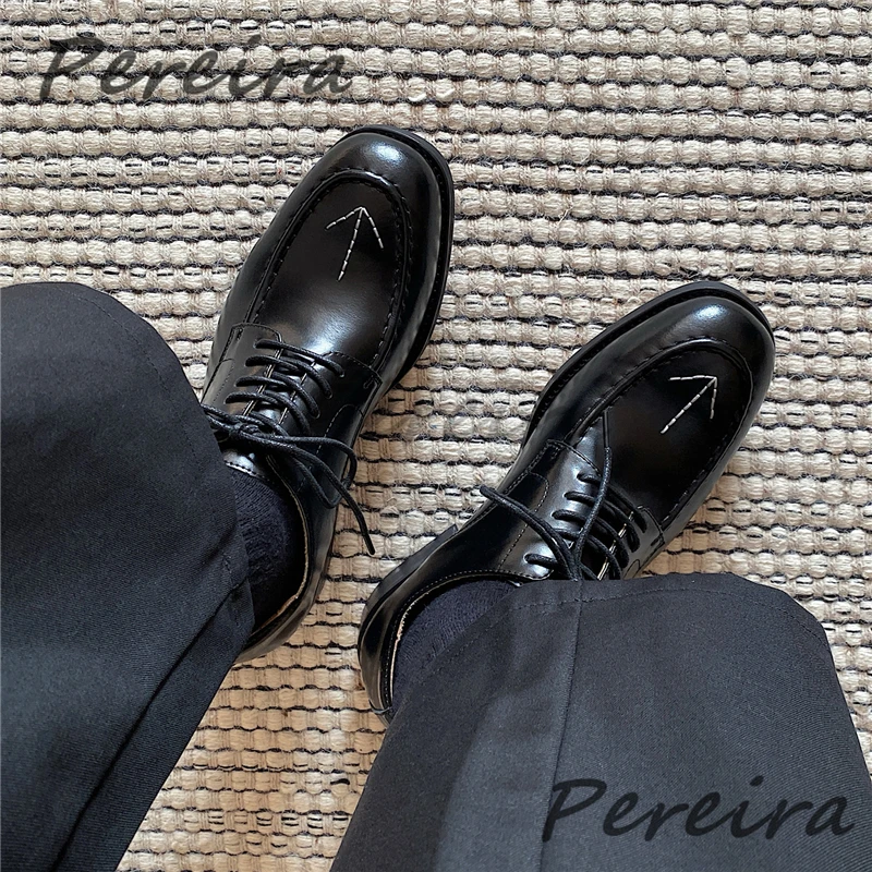 

British Style Thick Soled Derby Shoes for Men Trendy Embroidered Black Genuine Leather Oxford Shoes Party Casual Business Shoes