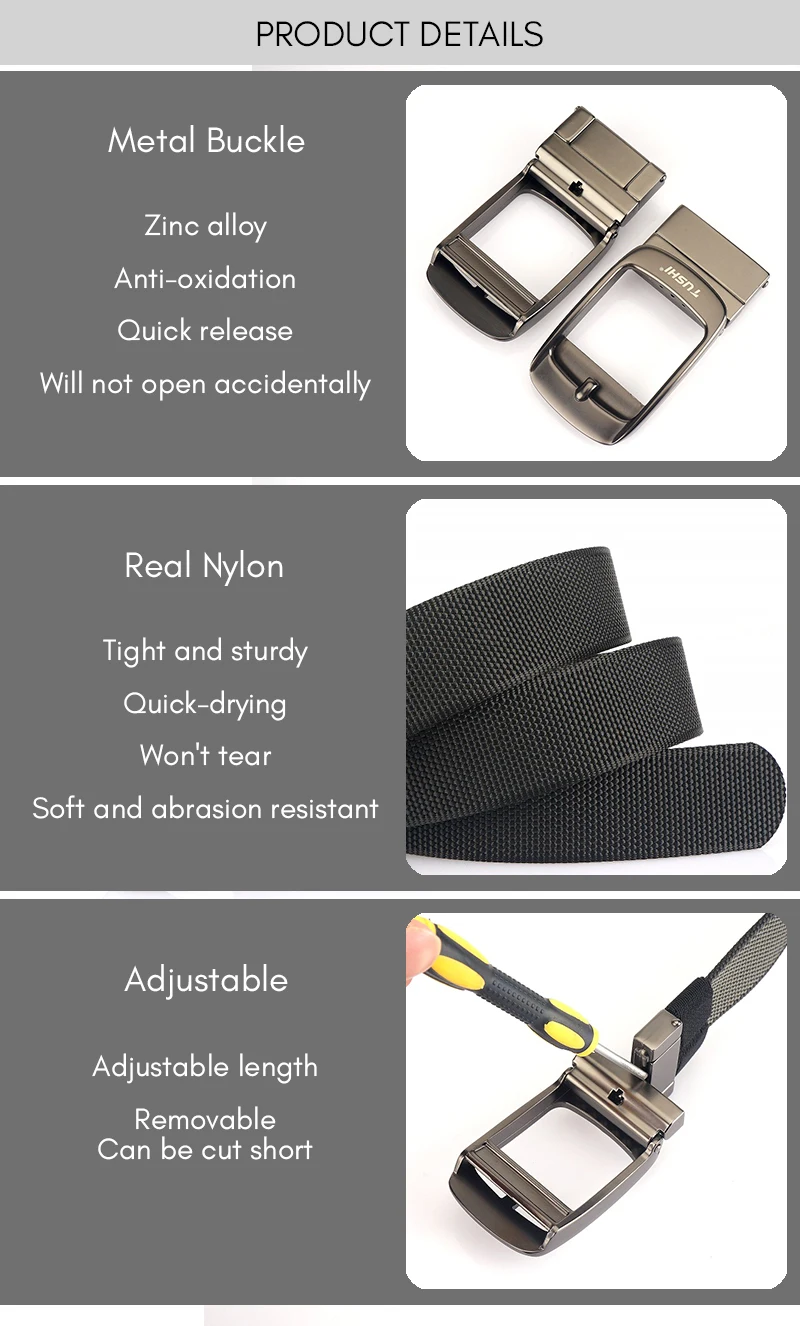 KOLBER New Reversible Belt for Men Alloy Silver Automatic Buckle Casual Belt Tight Nylon Outdoor Work Belt Black Waistband Male