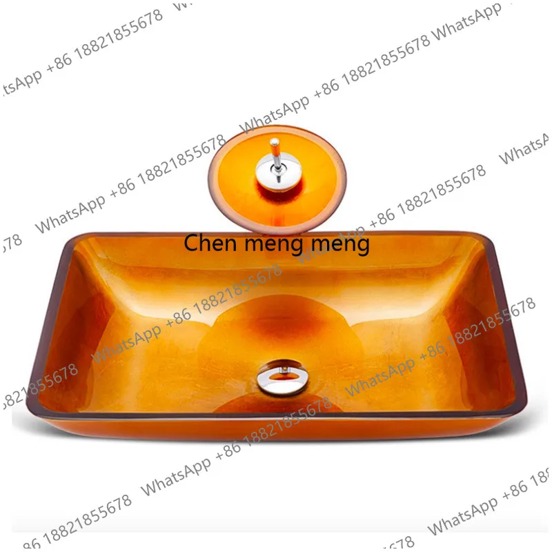 

Tempered Glass Washbasin Rectangular Art Wash Basin Household Sink with Faucet Drainer & Drain Pipe