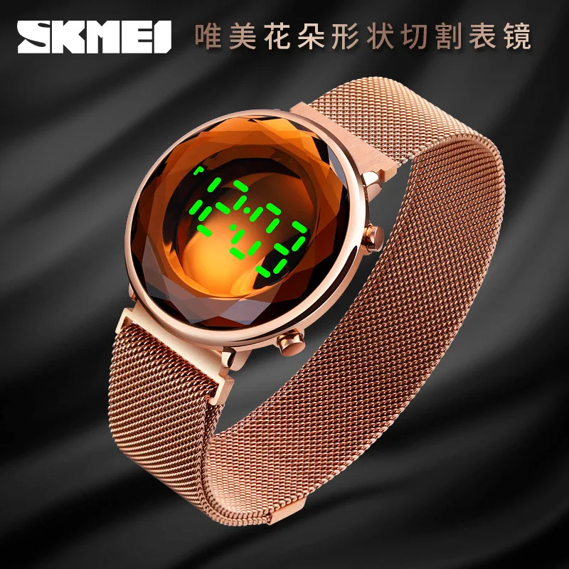 Skmei 크리에이티브 크리스탈 모양의 시계 커버, 절묘한 여성용 시계, 심플 패션, LED 마그네틱 스냅 메쉬 스트랩 시계, 신제품