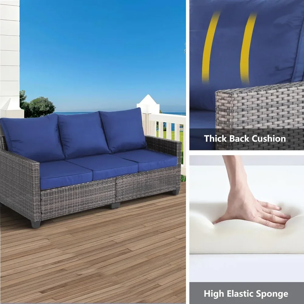 أريكة خارجية مكونة من 3 مقاعد في جميع الأحوال الجوية مع ظهر مرتفع ووسائد سميكة وأثاث أريكة خارجي فاخر من الخيزران