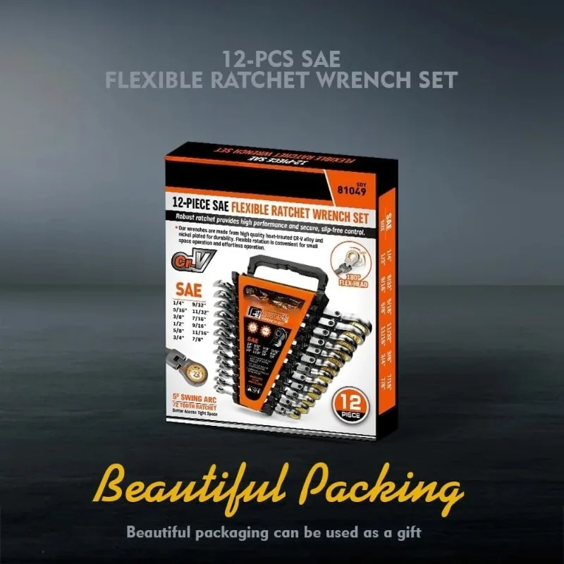 할인된 12피스 SAE 플렉스 헤드 라쳇 렌치 세트(정리함 포함) |   1/4”에서 7/8”까지 래칫 콤비네이션 렌치 세트 핫 세일