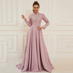 Angelsbridep Pink High Appliques Women Formal Evening Dresses Long Sleeve Lace Chiffon Elegant Prom Gowns 2023 Floor Length