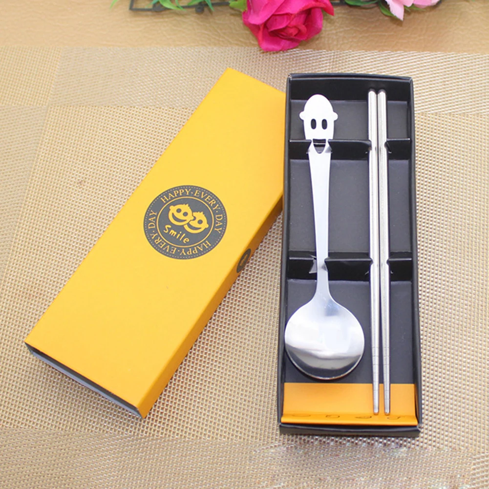 Portable Stainless Steel Creative Korean Chopsticks Spoon Personalized Laser Engraving Patterns Sticks Cartoon Children Gift