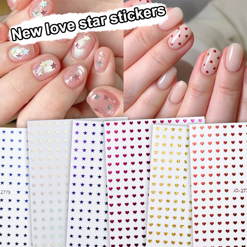 

Holographic 3D Mini Heart & Star Nail Stickers Shiny Red Gold Silver Blue Rhinestone Adhesive Nail Art Decals