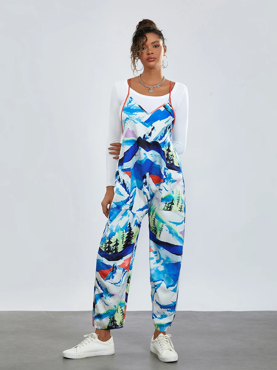 

Women’s Casual Long Jumpsuit Fashion Print Sleeveless Spaghetti Strap Baggy Romper Pants Overalls with Pockets