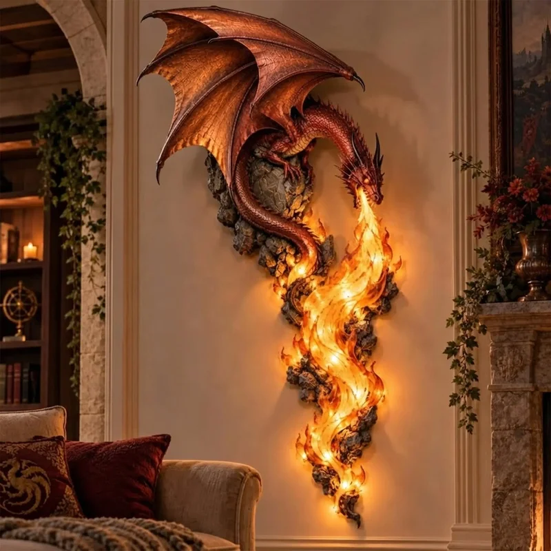 Dragon Wall Sculpture LED Light Fire Breathing Dragon Wall Art Decor Resin Statue Ornament for Home Living Room Gothic Wall Hang