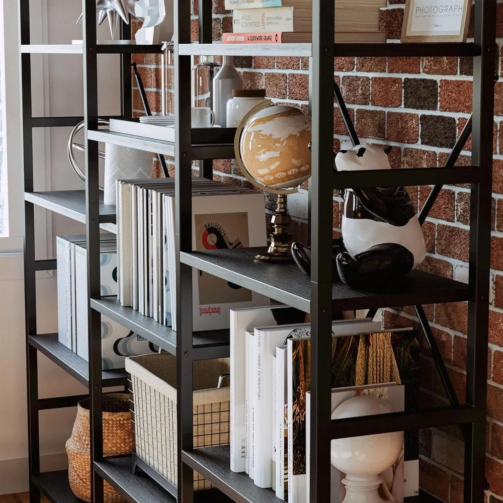 Libreria in stile industriale a 5 ripiani triplo largo con struttura in metallo per ampio spazio di archiviazione aperto