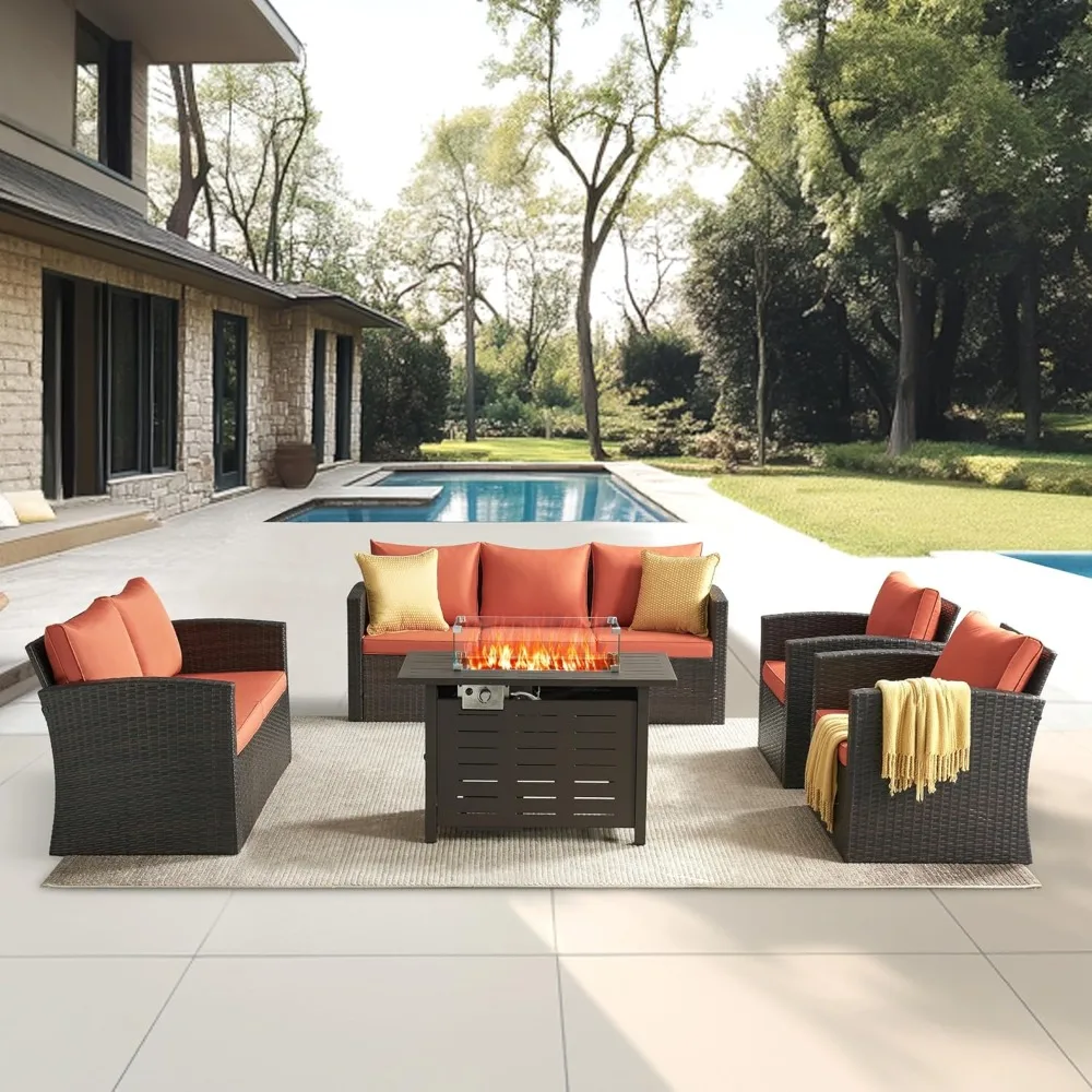 

5 Pieces Outdoor Conversation Set, Patio Furniture Set with Fire Pit Table, Wicker Rattan Patio Sofa Conversation Set with Cushi