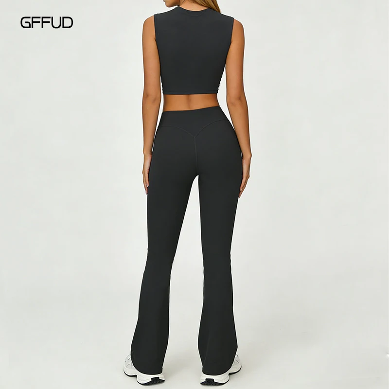 Women's 2 Piece Yoga Outfit Cropped Sleeveless Top + High Waisted Tummy Control Flare Pants Workout Set Casual Gym Athletic Wear